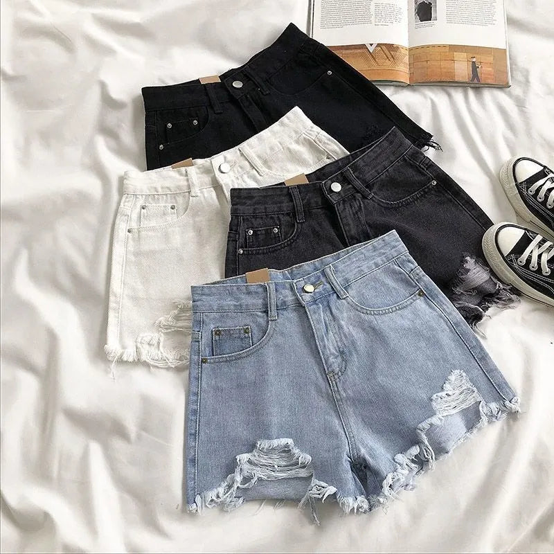 Korean High Waist Ripped Denim Shorts – Y2K Style