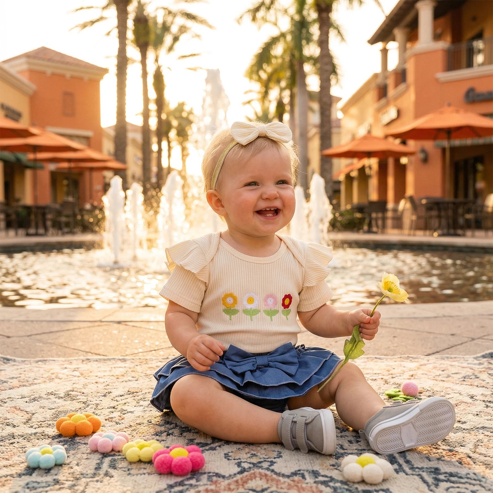 Baby Girl Floral Jumpsuit & Denim Shorts Set