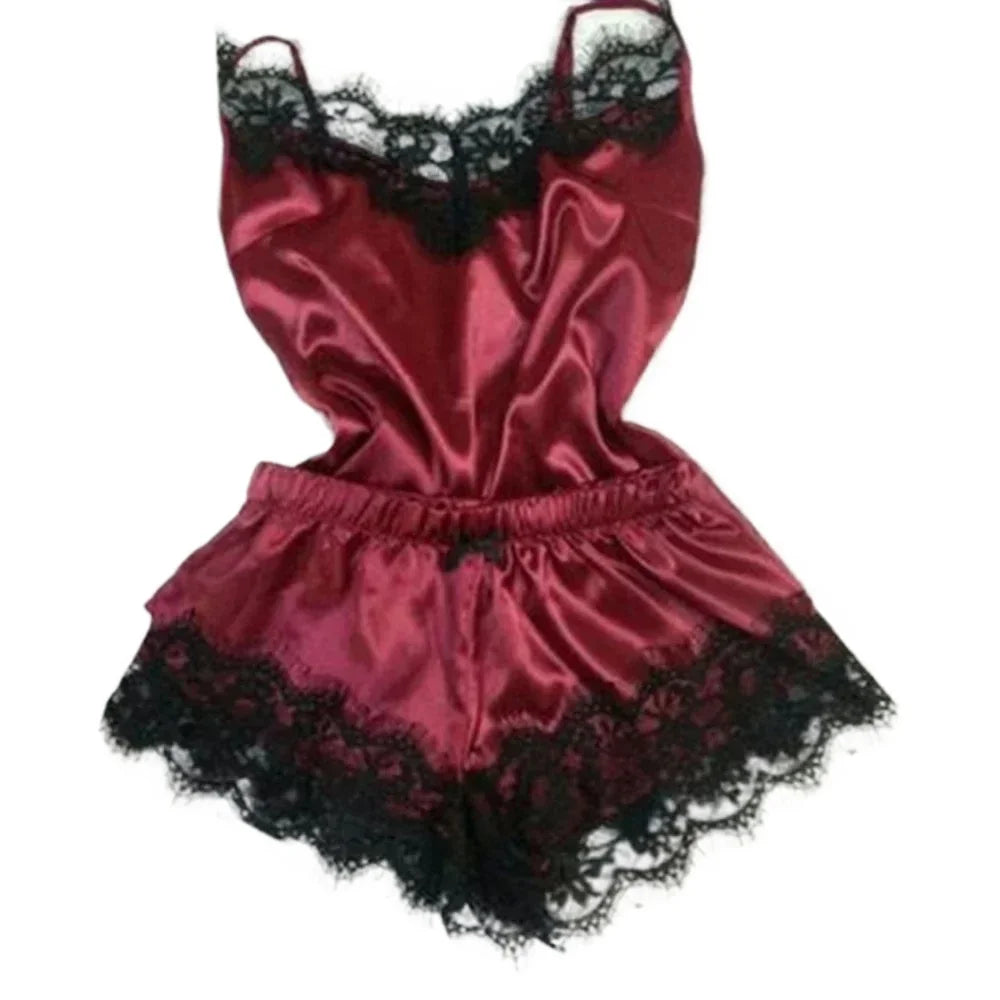 Women's Lace Silk Pajama Set – Cami Top & Shorts