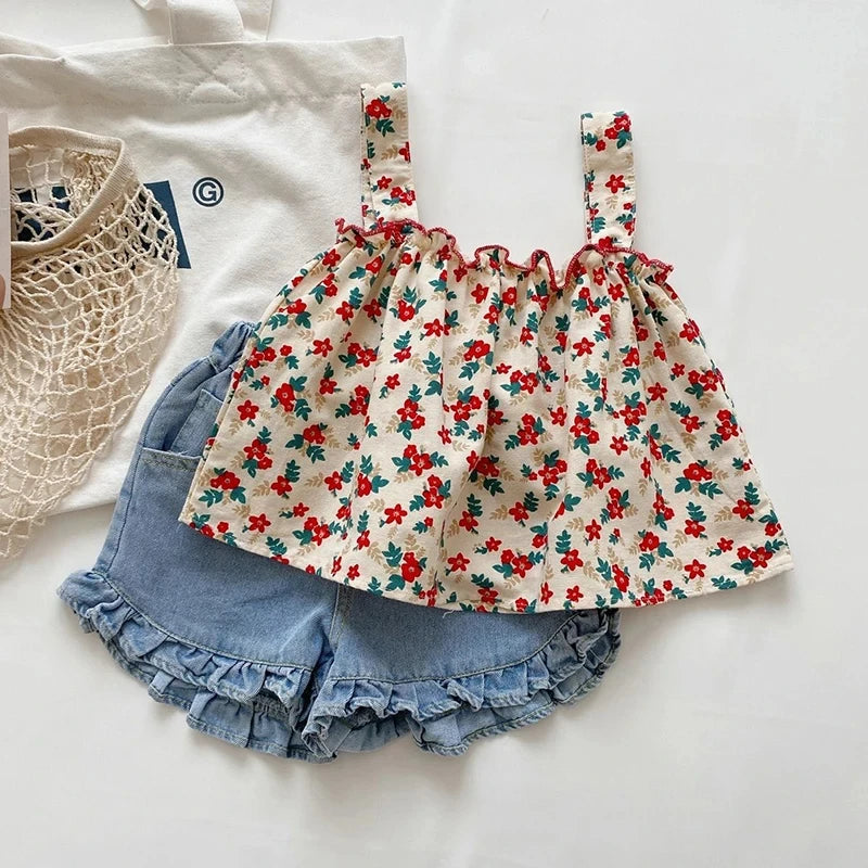 Girls Suspender Skirt & Shorts Set – Summer Outfit
