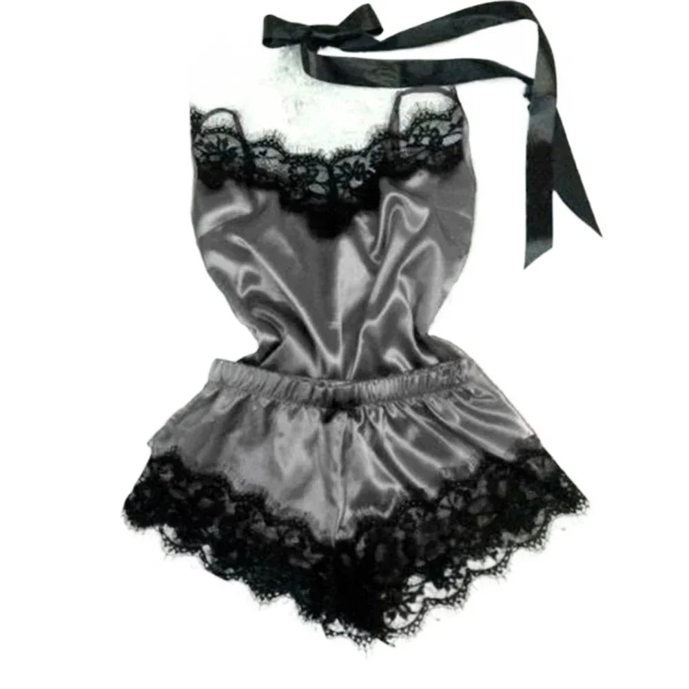Women's Lace Silk Pajama Set – Cami Top & Shorts