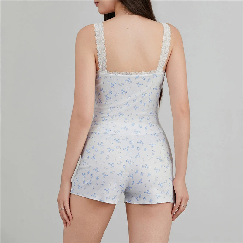 Women's Lace Trim Pajama Set – Sleeveless Top & Shorts