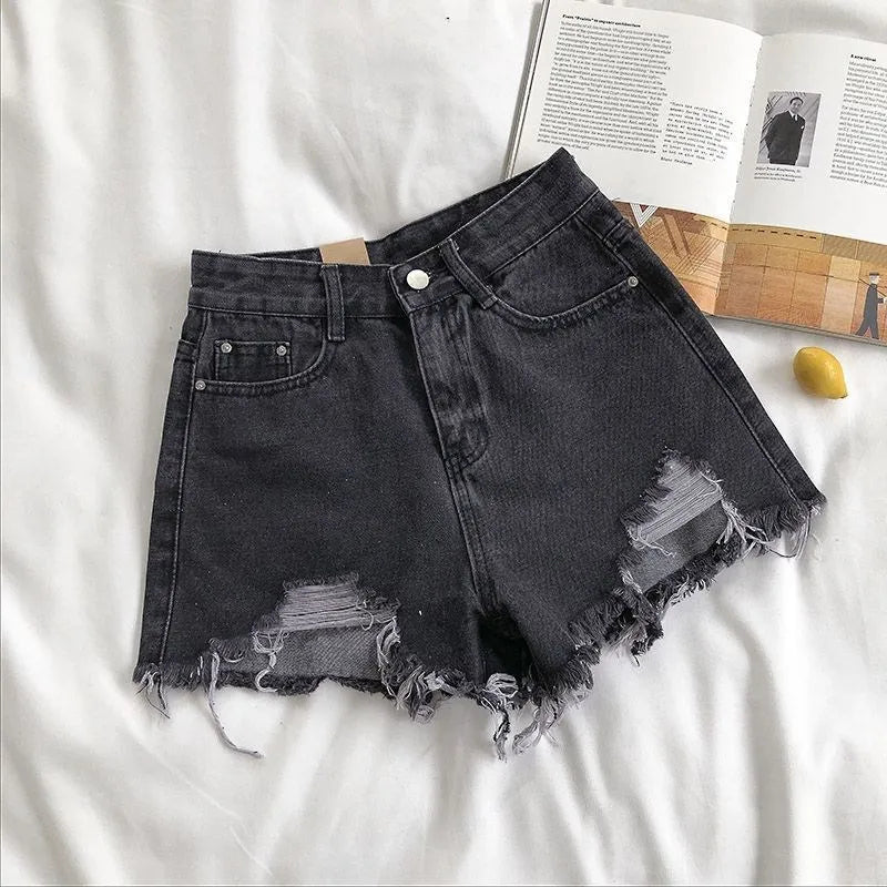 Korean High Waist Ripped Denim Shorts – Y2K Style