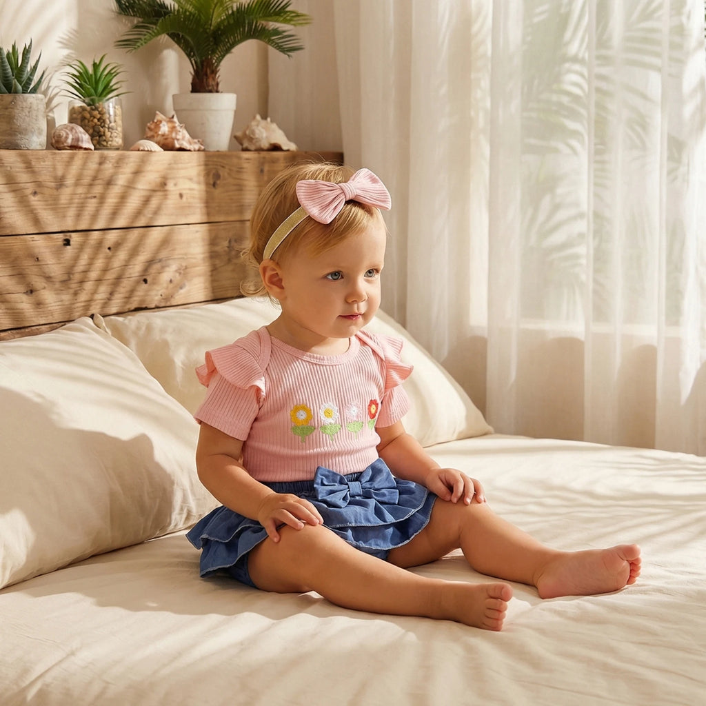 Baby Girl Floral Jumpsuit & Denim Shorts Set