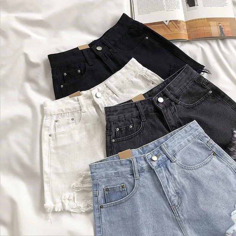 Korean High Waist Ripped Denim Shorts – Y2K Style