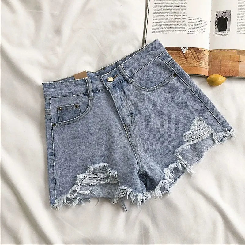 Korean High Waist Ripped Denim Shorts – Y2K Style