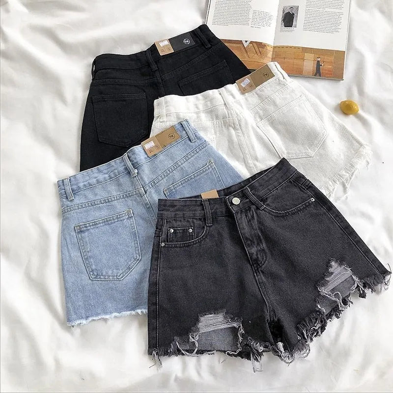 Korean High Waist Ripped Denim Shorts – Y2K Style