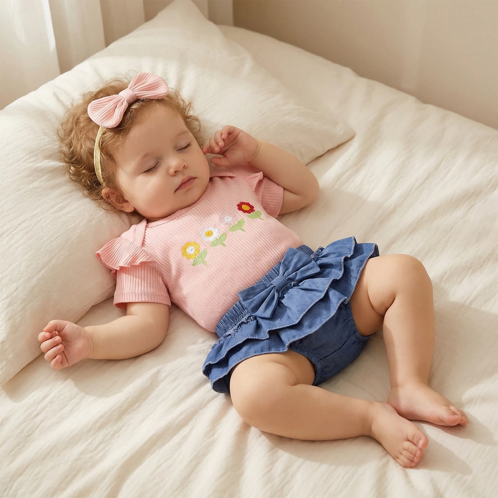 Baby Girl Floral Jumpsuit & Denim Shorts Set