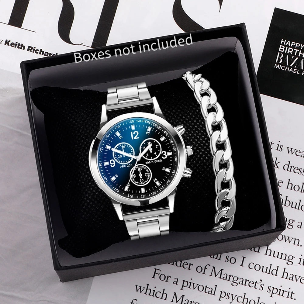 Men's Steel Band Quartz Watch & Bracelet Set