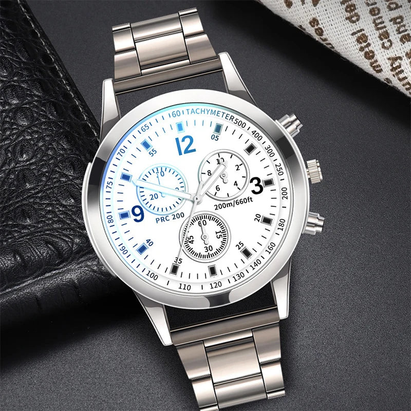 Men's Steel Band Quartz Watch & Bracelet Set