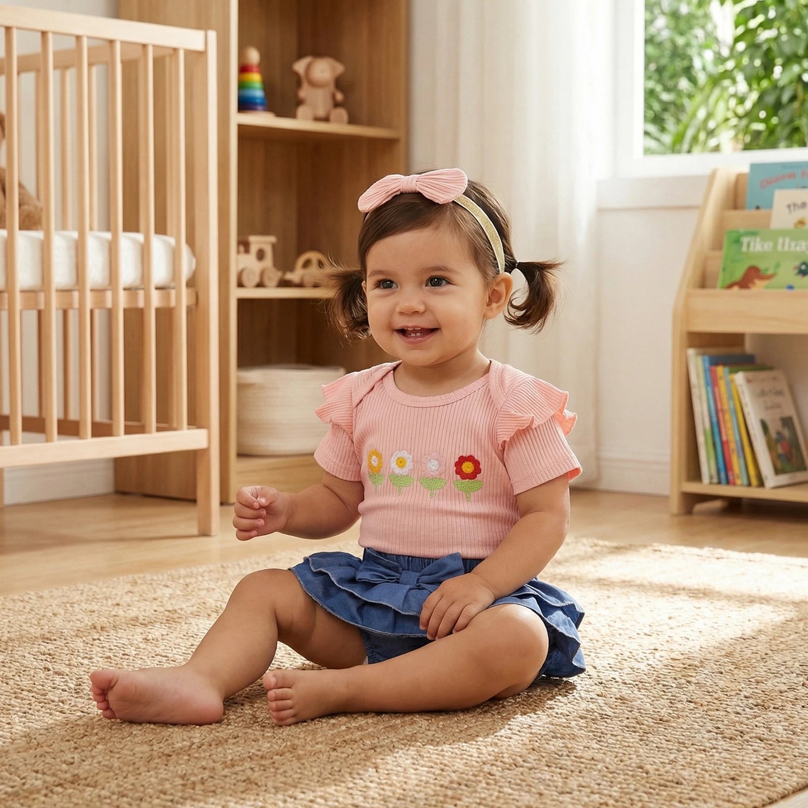 Baby Girl Floral Jumpsuit & Denim Shorts Set