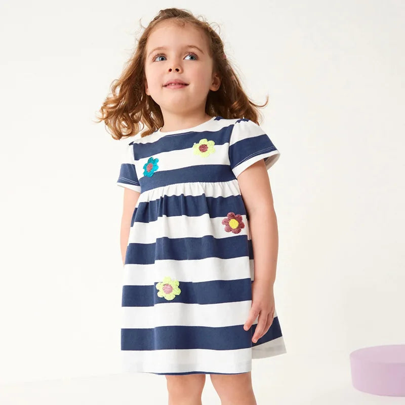 Girls Striped Cartoon Flower Dress – Kids Summer Vestido