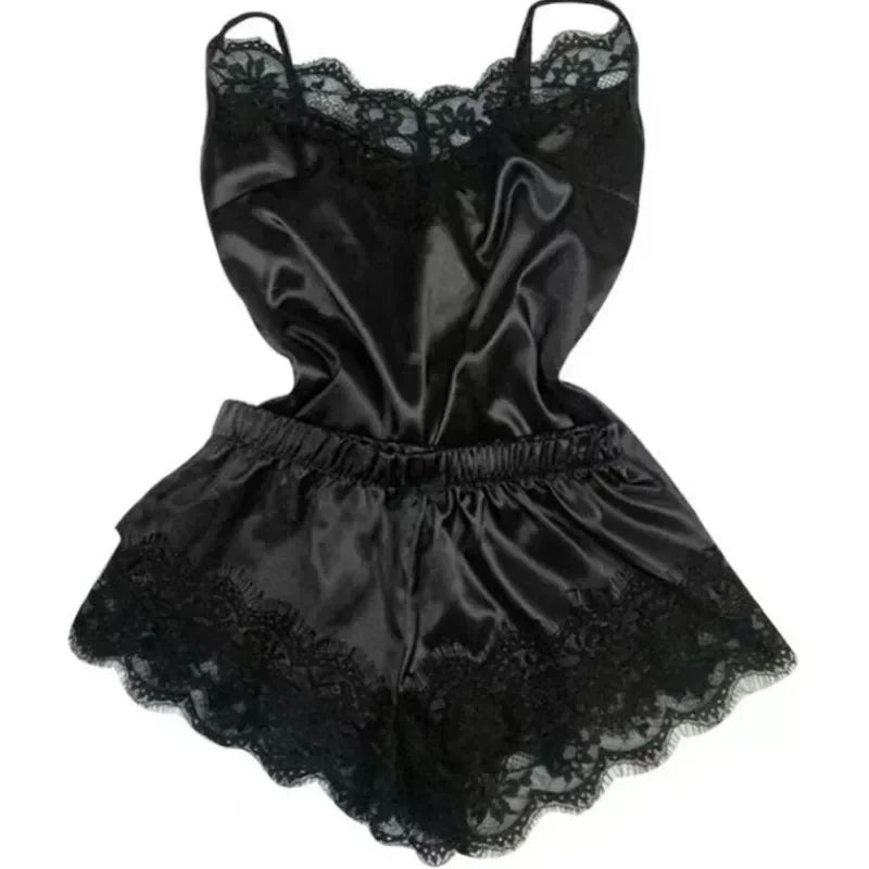 Women's Lace Silk Pajama Set – Cami Top & Shorts