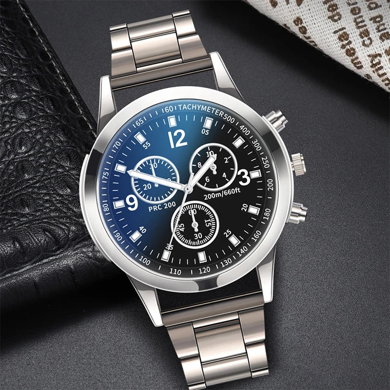 Men's Steel Band Quartz Watch & Bracelet Set