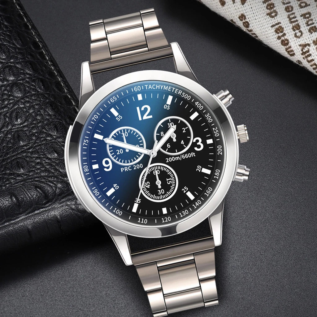 Men's Steel Band Quartz Watch & Bracelet Set