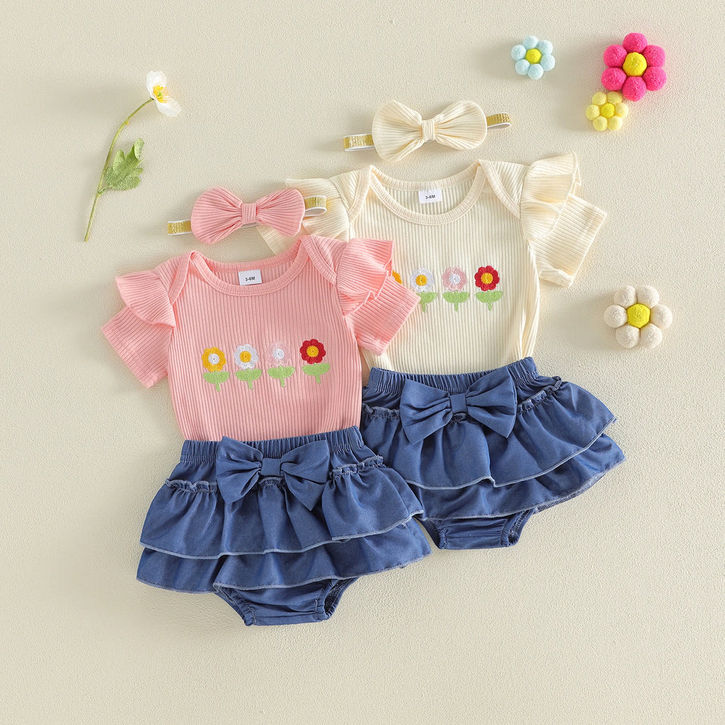 Baby Girl Floral Jumpsuit & Denim Shorts Set