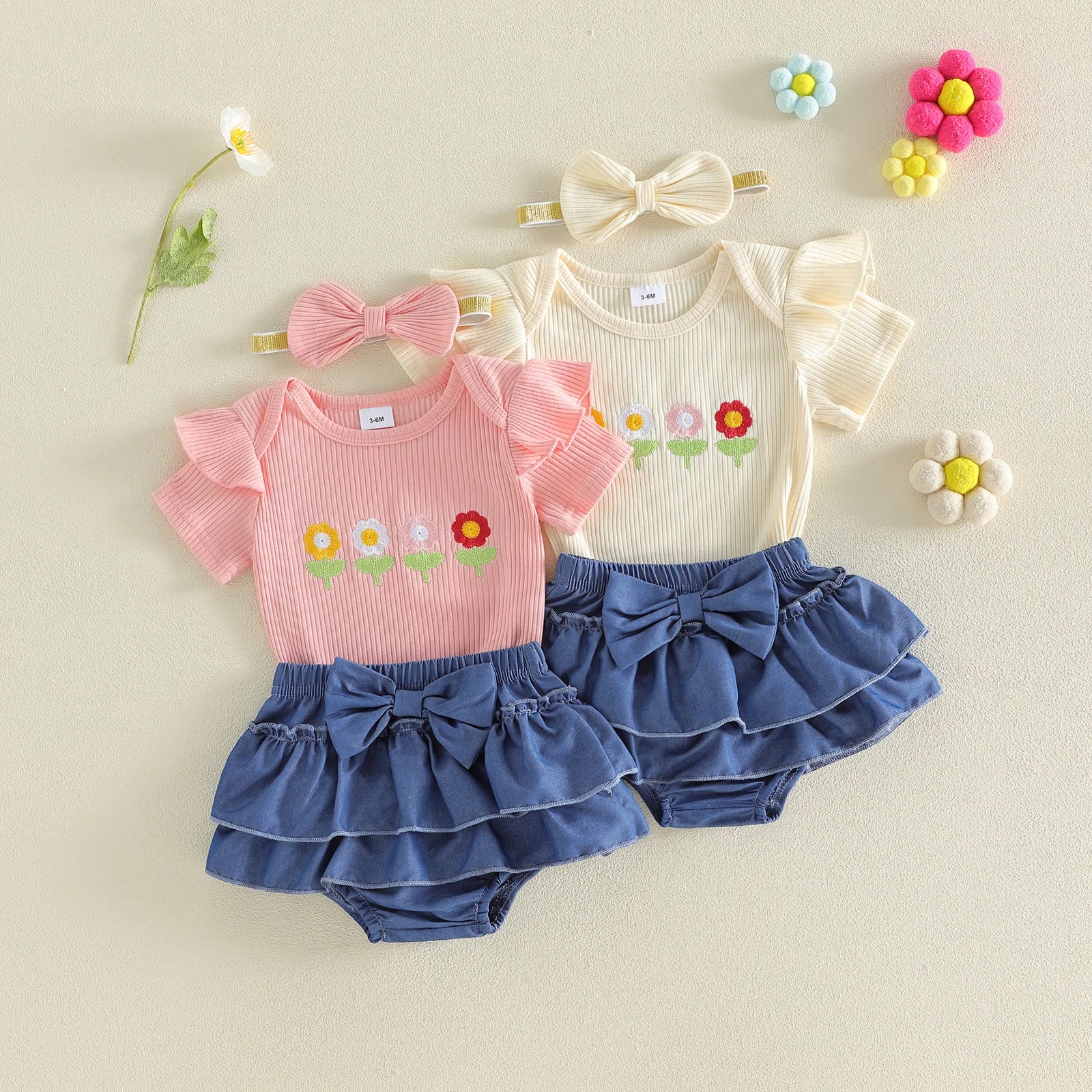 Baby Girl Floral Jumpsuit & Denim Shorts Set