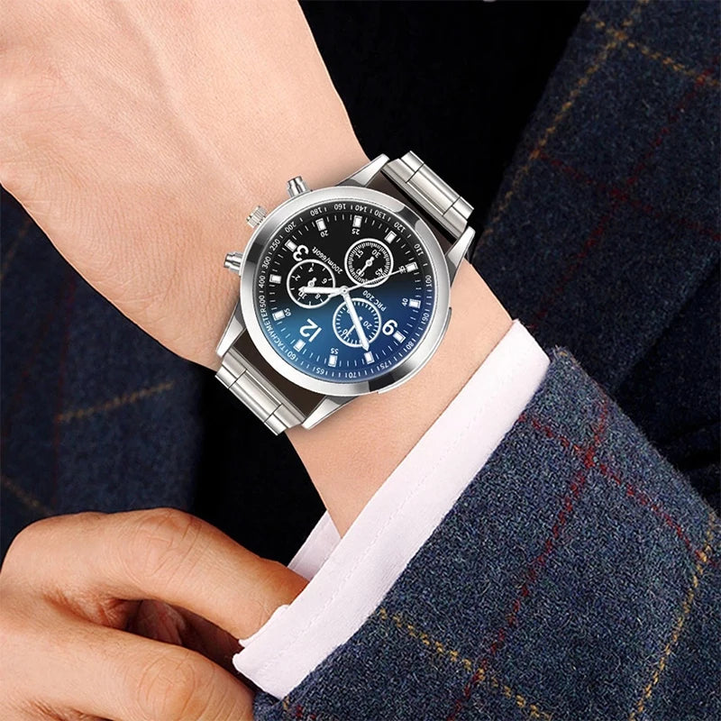 Men's Steel Band Quartz Watch & Bracelet Set