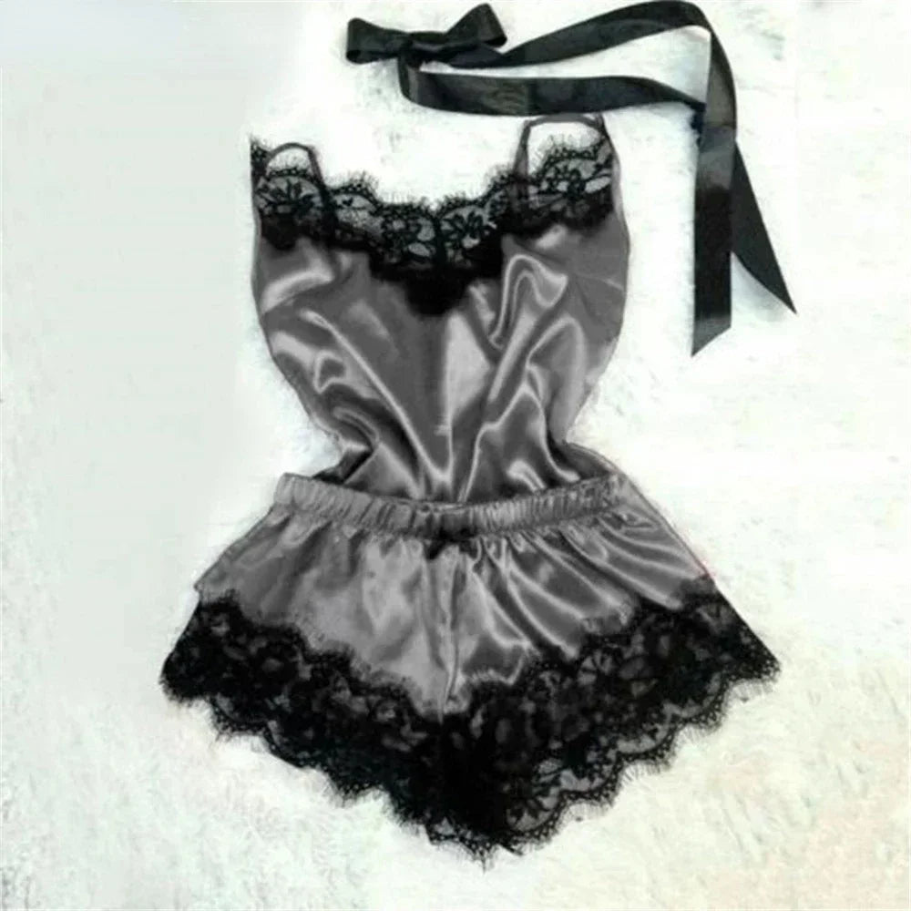 Women's Lace Silk Pajama Set – Cami Top & Shorts