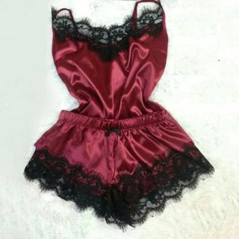 Women's Lace Silk Pajama Set – Cami Top & Shorts