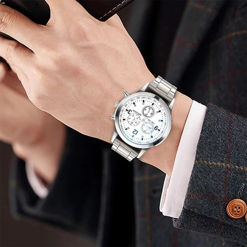 Men's Steel Band Quartz Watch & Bracelet Set