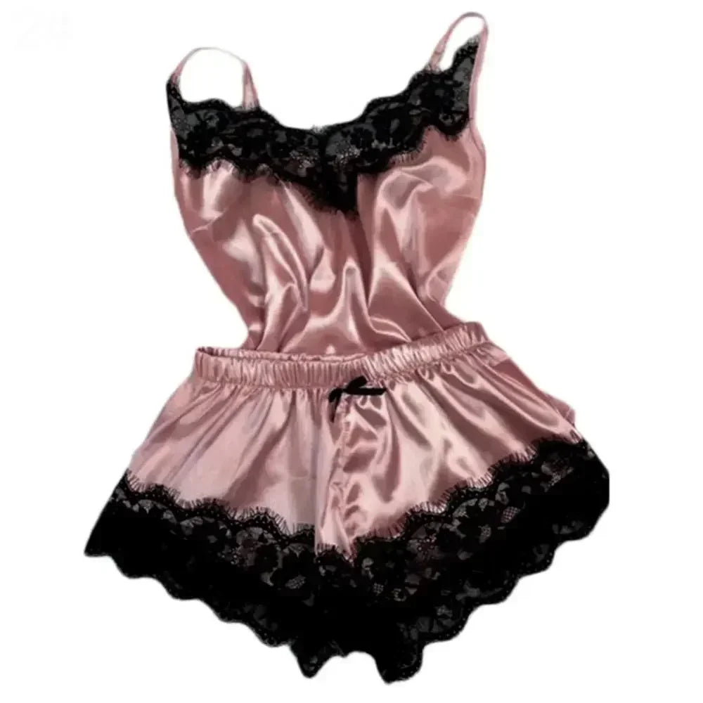 Women's Lace Silk Pajama Set – Cami Top & Shorts