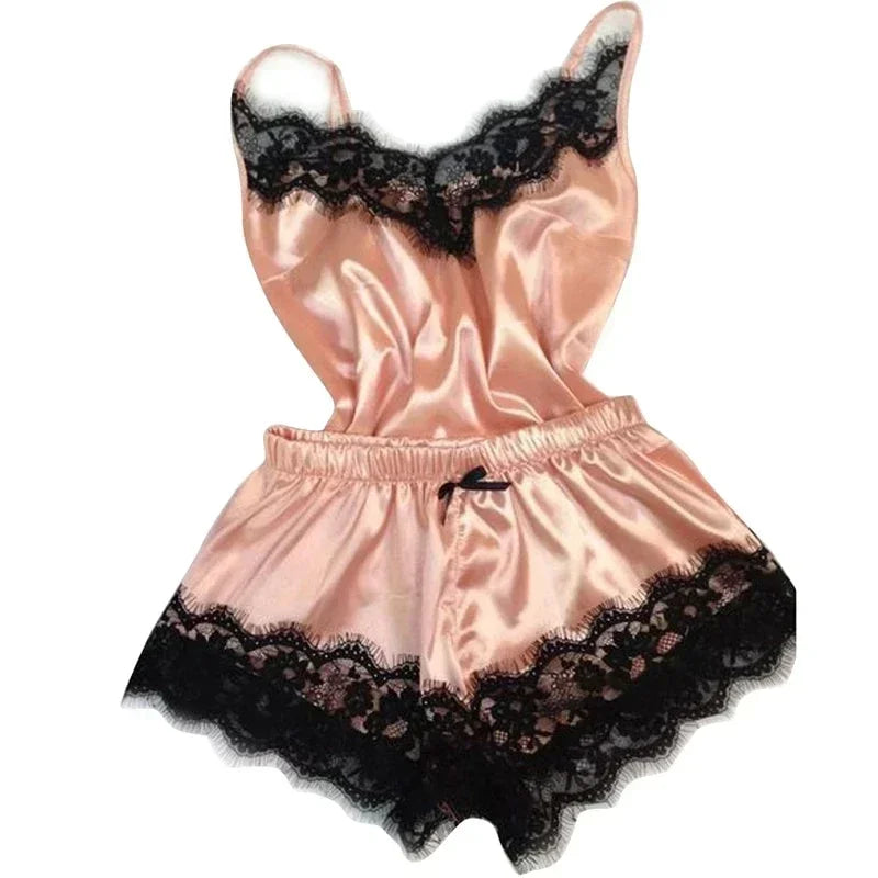 Women's Lace Silk Pajama Set – Cami Top & Shorts