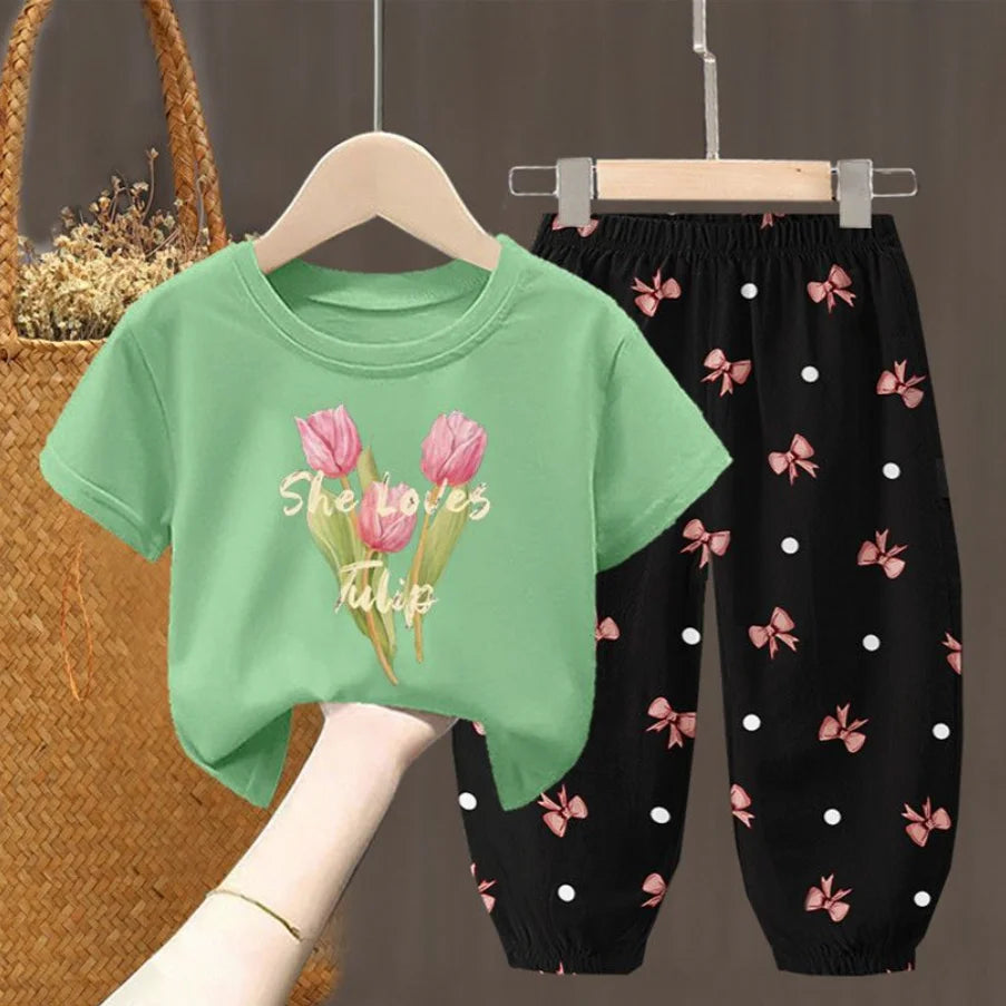 Girls Summer T-Shirt & Pants Set – 2PCS Toddler Outfit