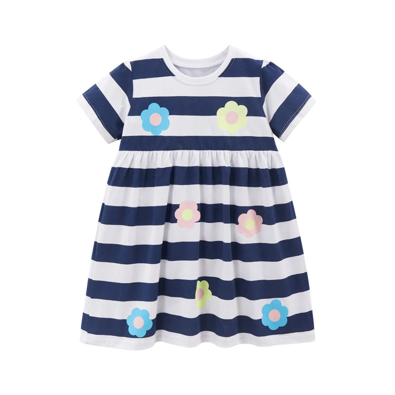 Girls Striped Cartoon Flower Dress – Kids Summer Vestido