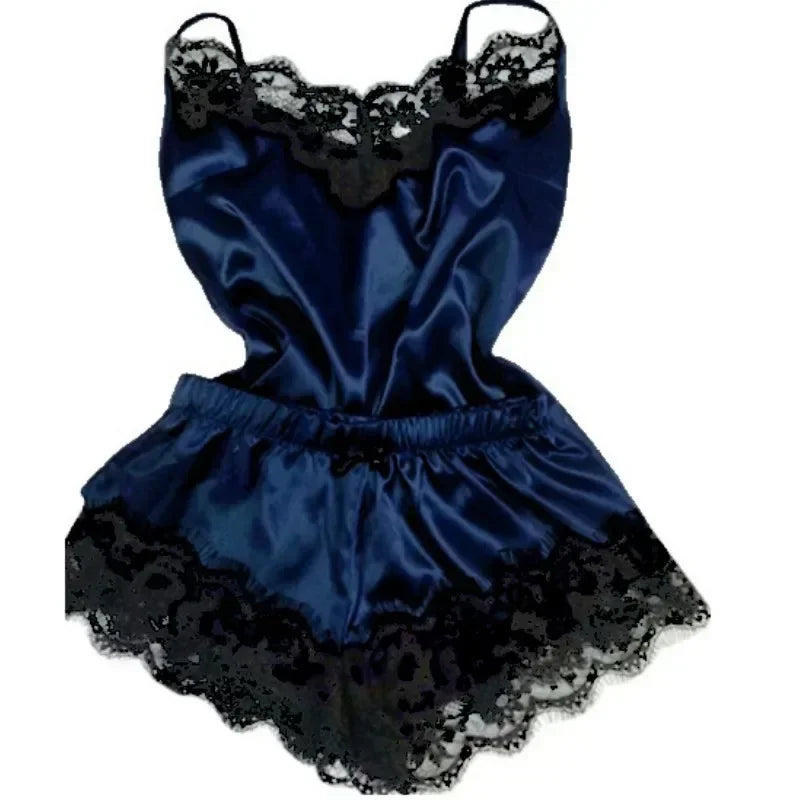 Women's Lace Silk Pajama Set – Cami Top & Shorts