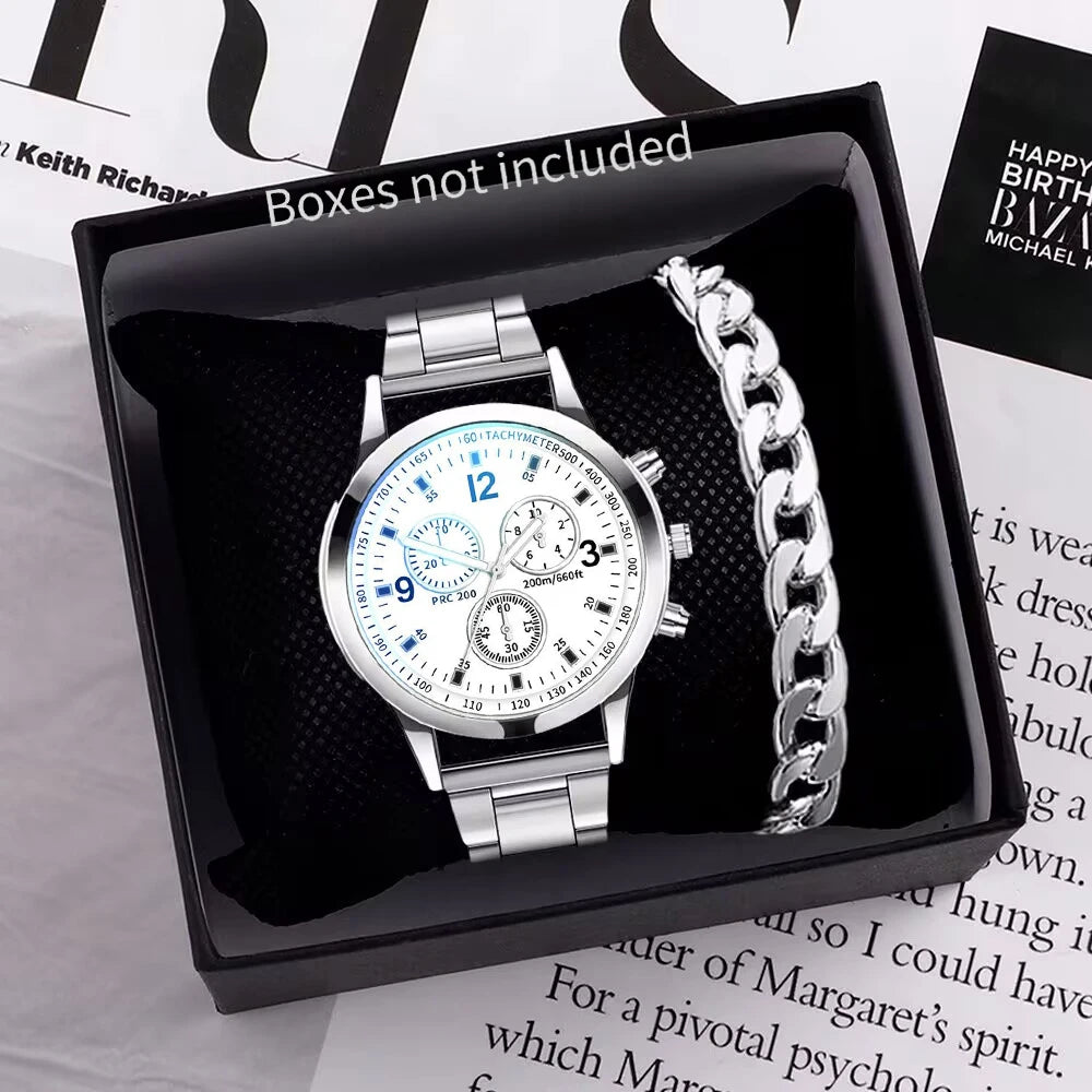 Men's Steel Band Quartz Watch & Bracelet Set